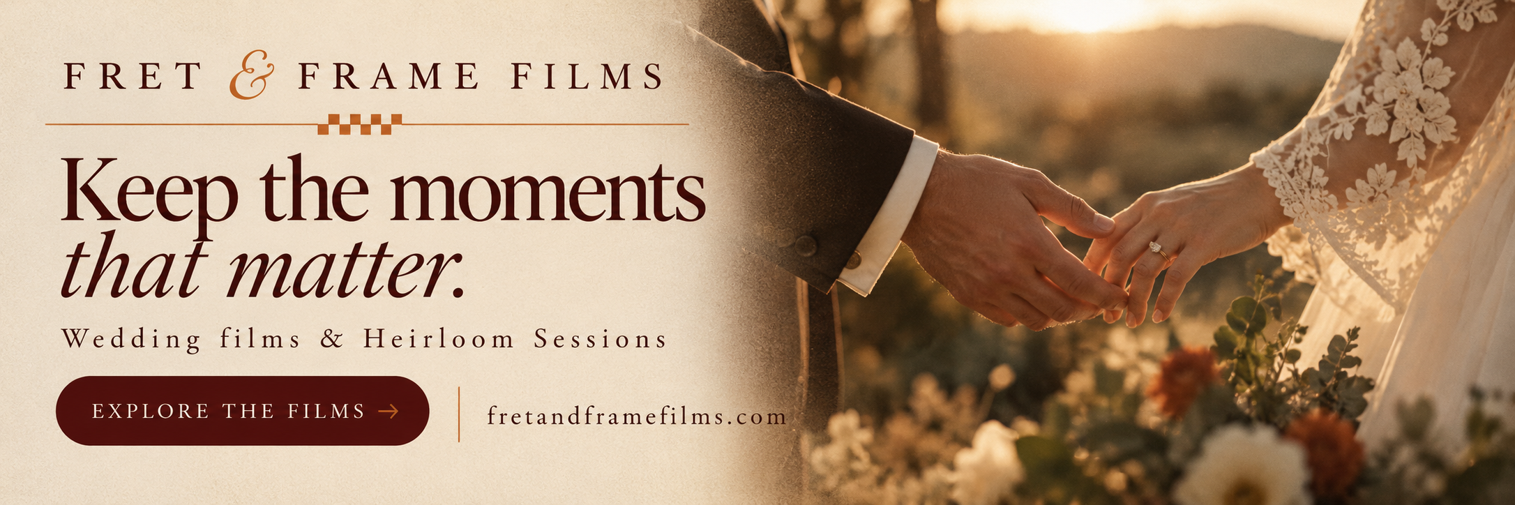 Illustrative wedding-film campaign for Fret and Frame