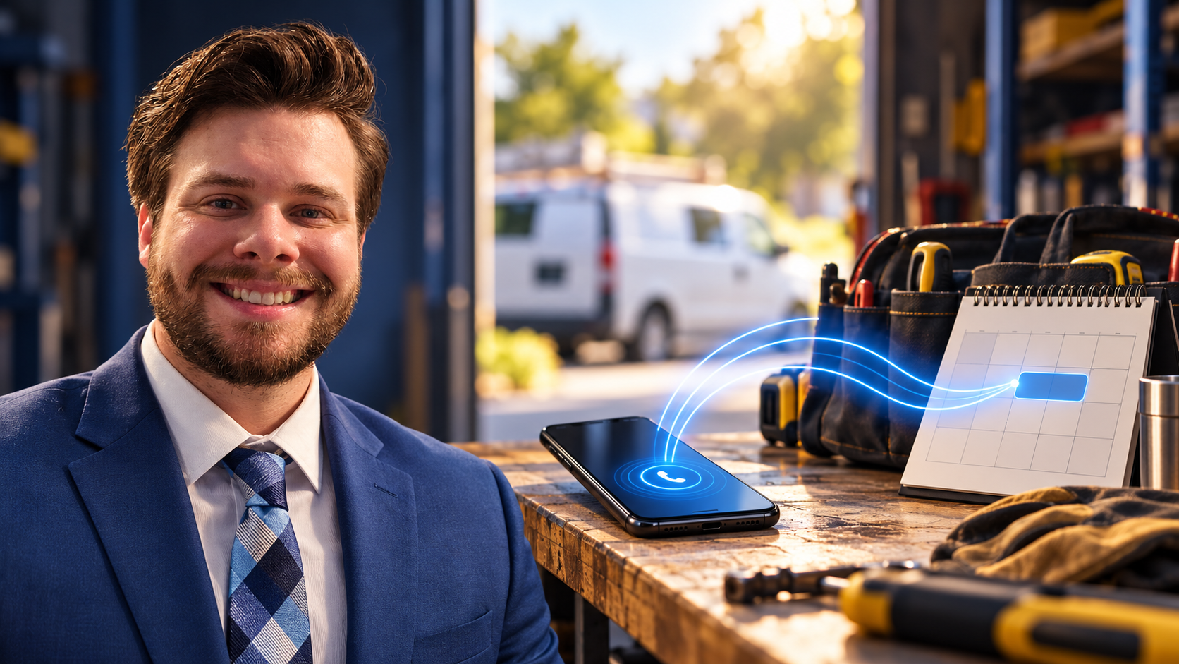 AI-created editorial illustration of Jasen Holloway with a service-business phone and workshop